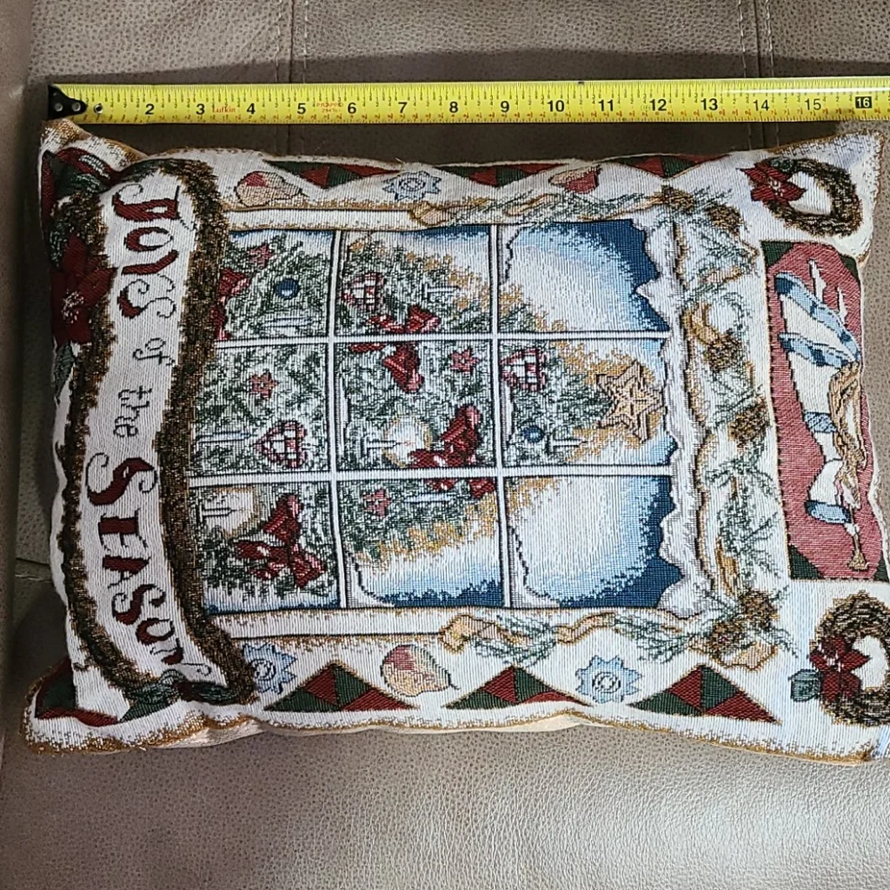 Christmas Throw Pillow Tree Scene Joy Season Burgundy Gold Lamé 12 x 16 Vintage